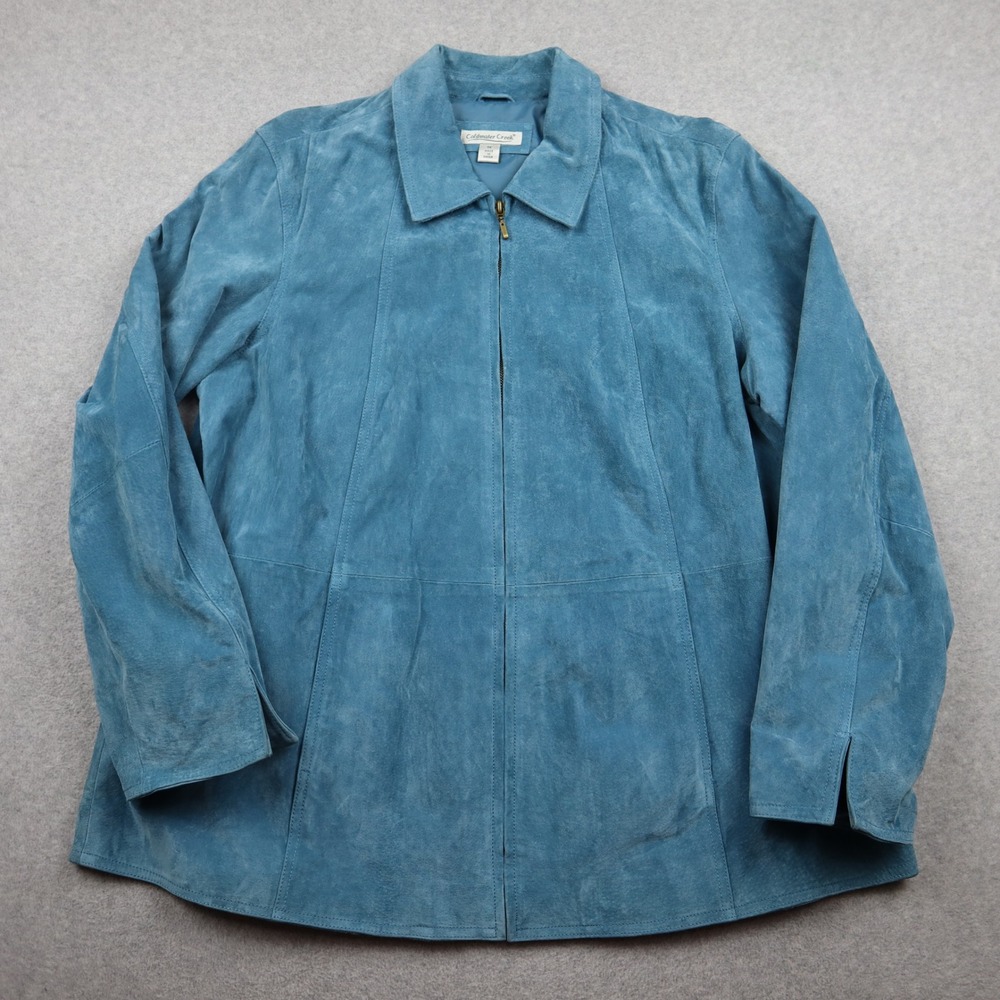 Coldwater Creek Jacket Womens 1X Full Zip Blue 100% Leather Suede Collared
